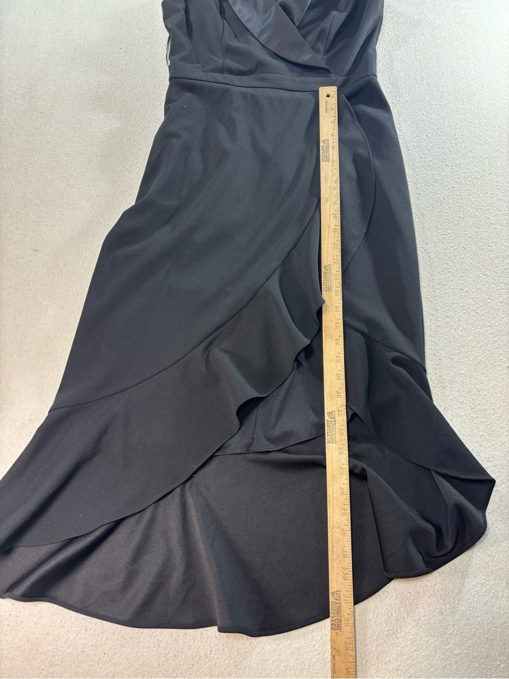XSCAPE Black Cocktail Dress Size 8 Satin Shawl Collar Ruffle Hem Midi Formal - Picture 5 of 7